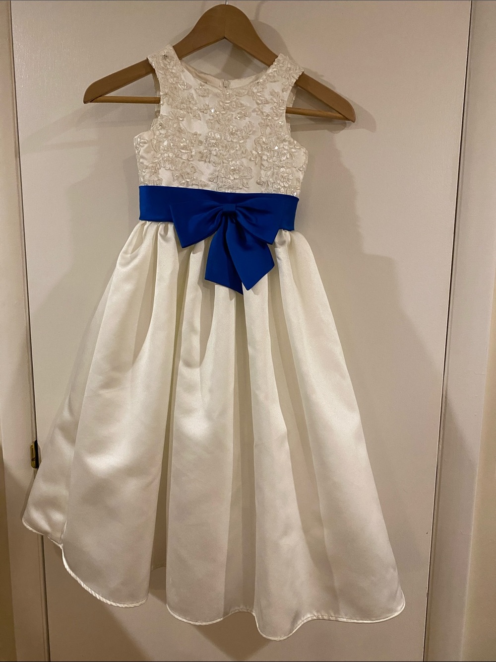 Ivory Formal Dress with Royal Blue Sash for Girls